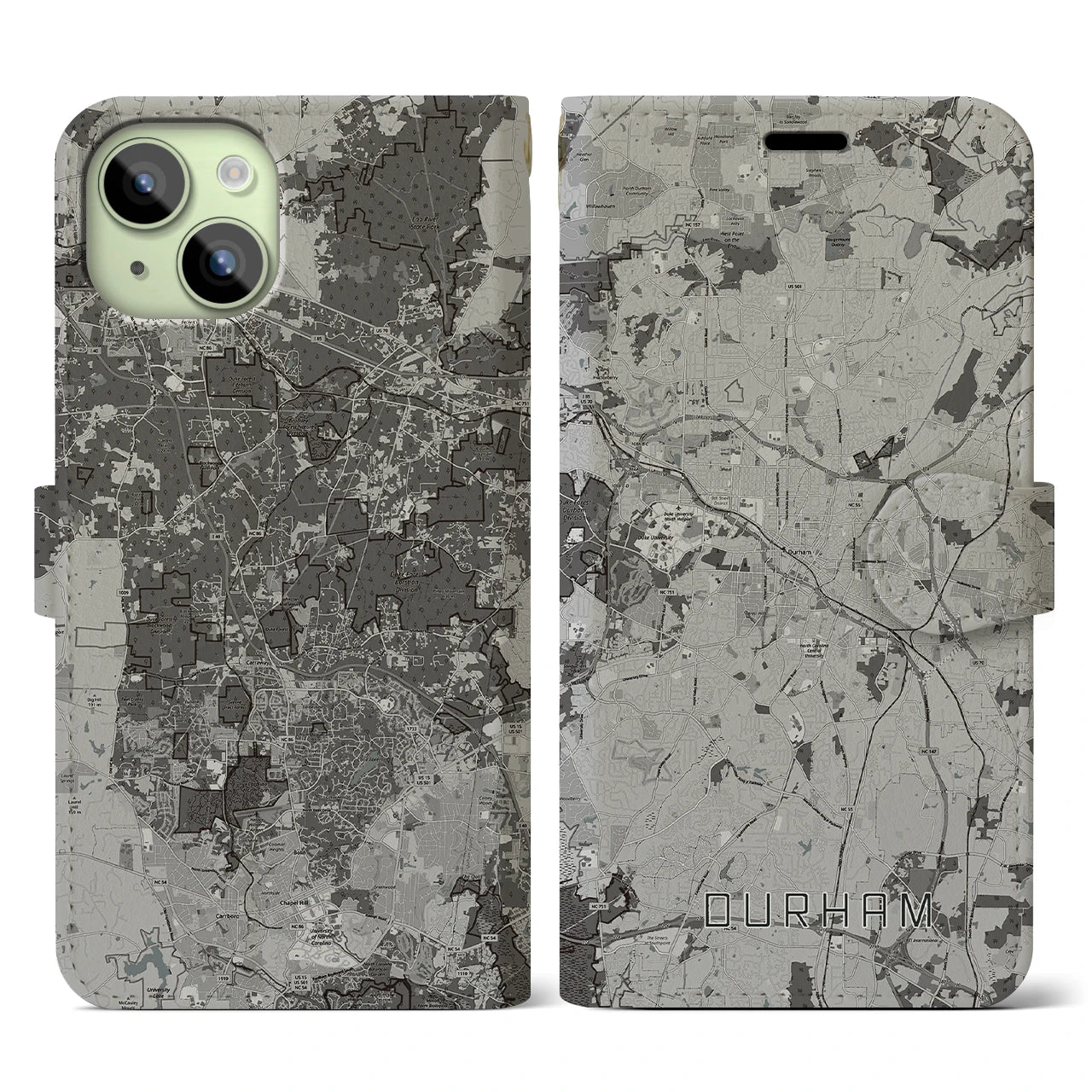 【ダーラム(アメリカ)】地図柄iPhoneケース(手帳タイプ)モノトーン・iPhone 15 用