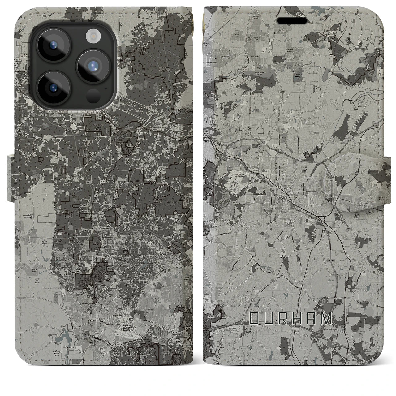 【ダーラム(アメリカ)】地図柄iPhoneケース(手帳タイプ)モノトーン・iPhone 15 Pro Max 用