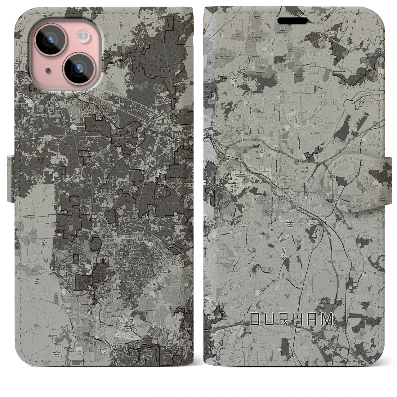 【ダーラム(アメリカ)】地図柄iPhoneケース(手帳タイプ)モノトーン・iPhone 15 Plus 用