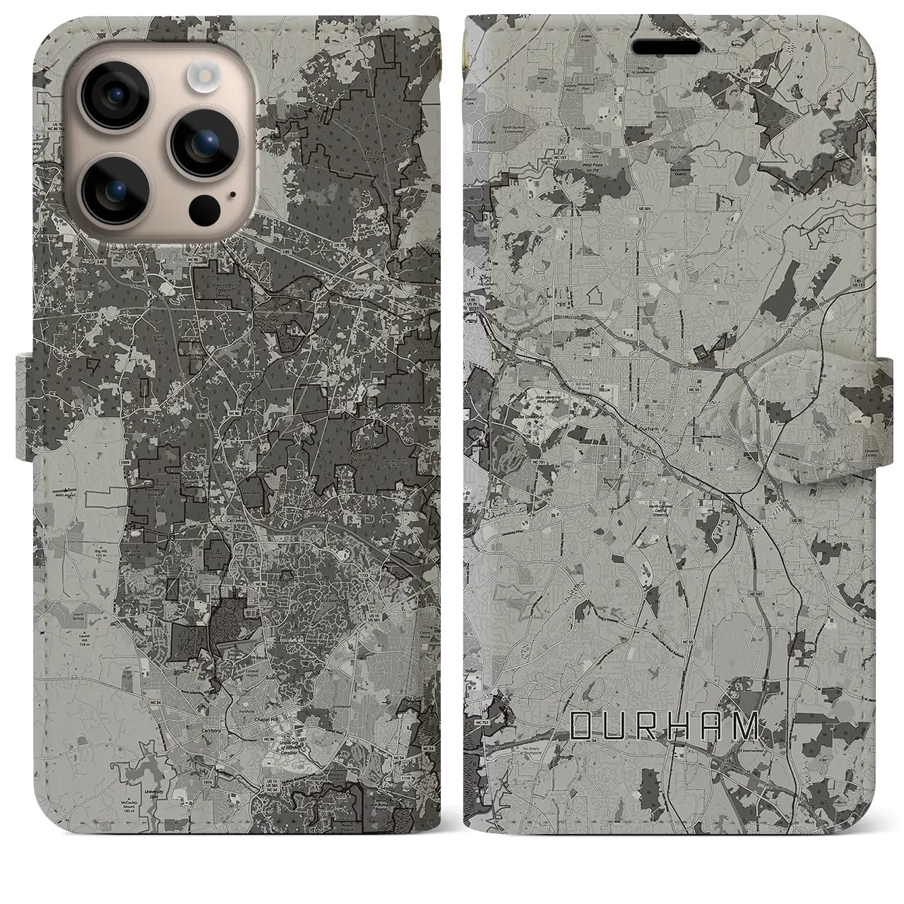 【ダーラム(アメリカ)】地図柄iPhoneケース(手帳タイプ)モノトーン・iPhone 16 Plus 用