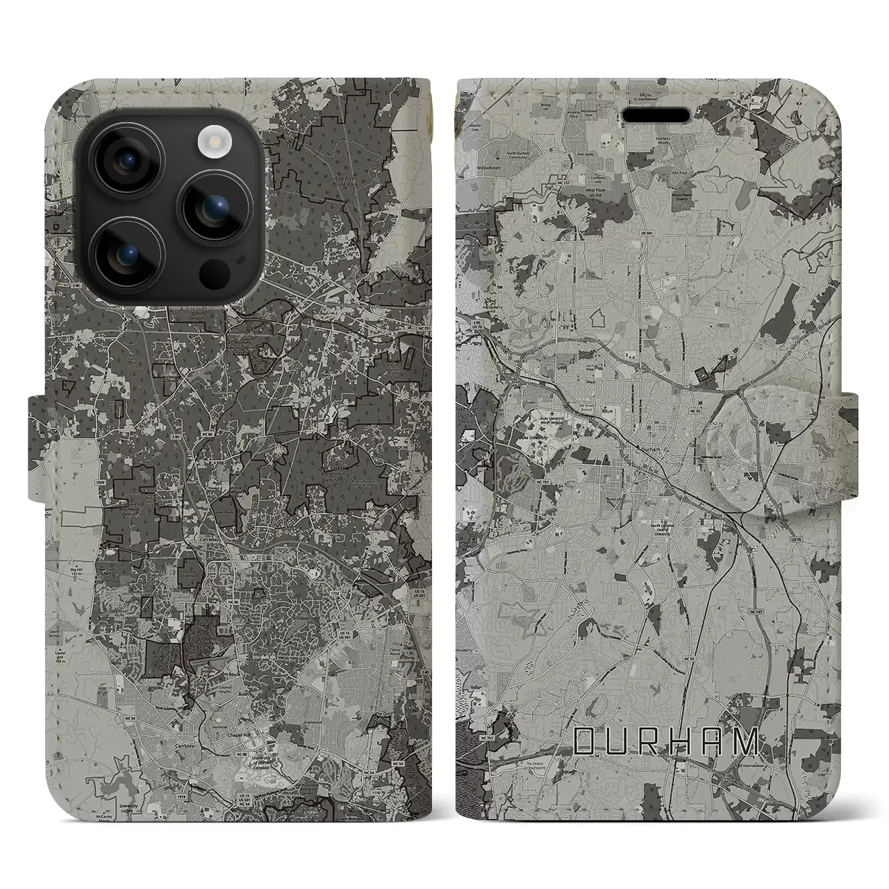 【ダーラム(アメリカ)】地図柄iPhoneケース(手帳タイプ)モノトーン・iPhone 16 用