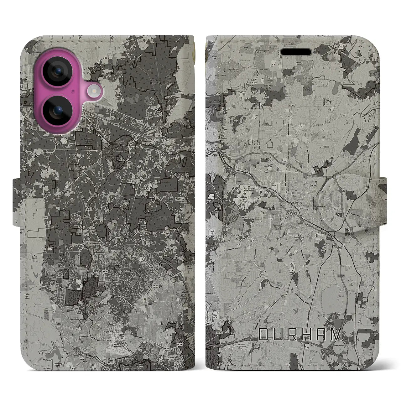 【ダーラム(アメリカ)】地図柄iPhoneケース(手帳タイプ)モノトーン・iPhone 16 Pro 用