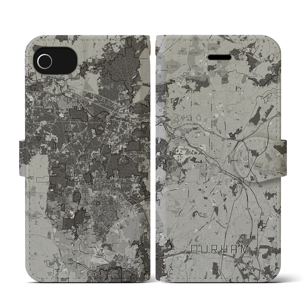 【ダーラム(アメリカ)】地図柄iPhoneケース(手帳タイプ)モノトーン・iPhone SE(第3 / 第2世代) / 8 / 7 / 6s / 6 用