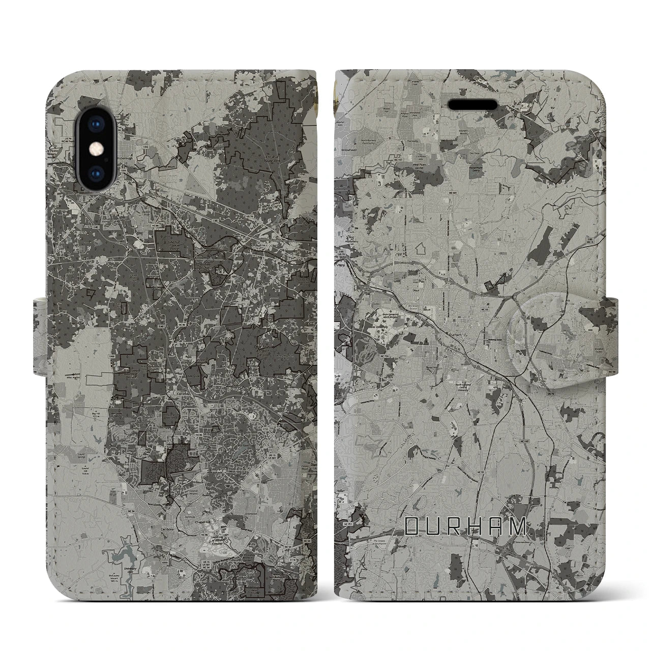 【ダーラム(アメリカ)】地図柄iPhoneケース(手帳タイプ)モノトーン・iPhone XS / X 用