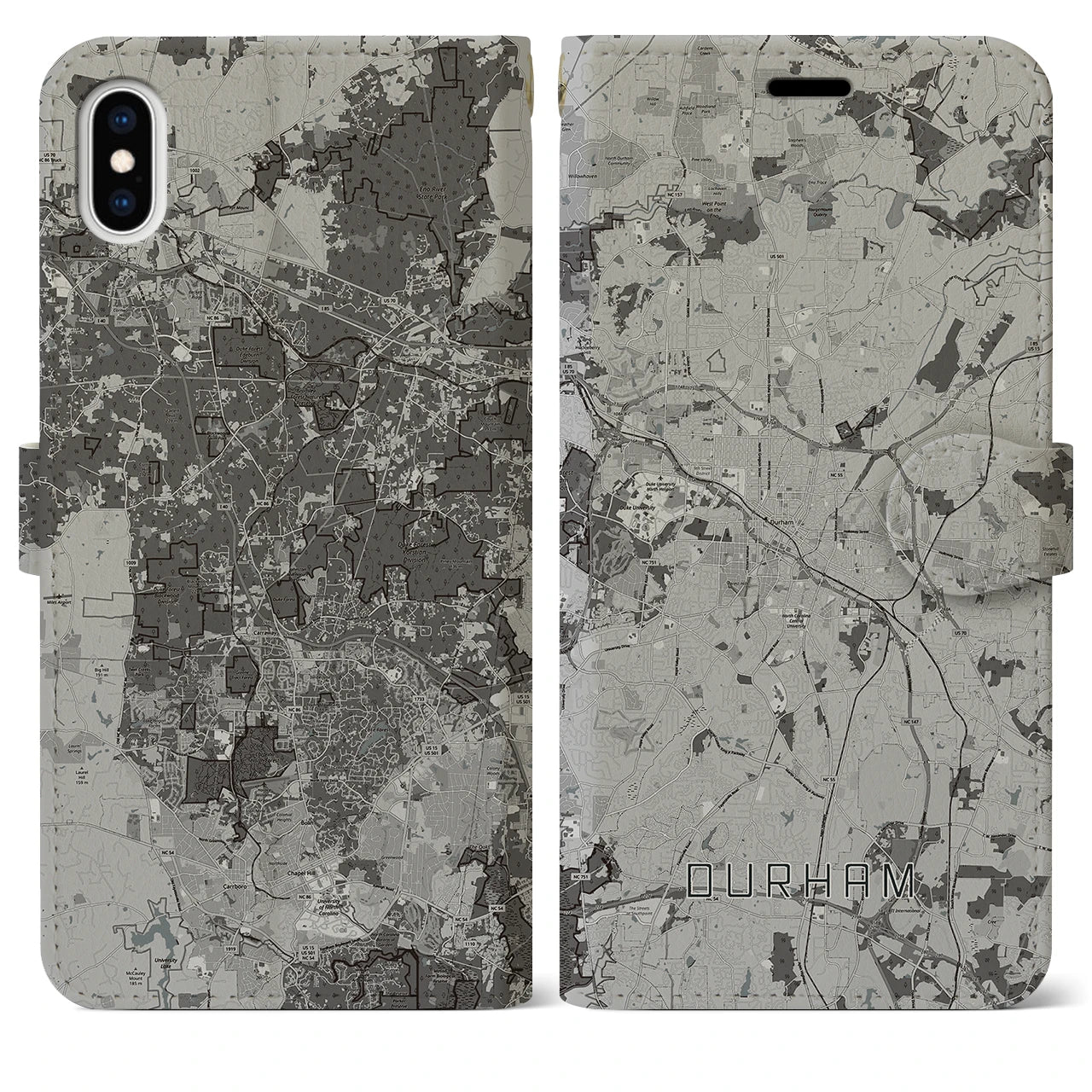 【ダーラム(アメリカ)】地図柄iPhoneケース(手帳タイプ)モノトーン・iPhone XS Max 用