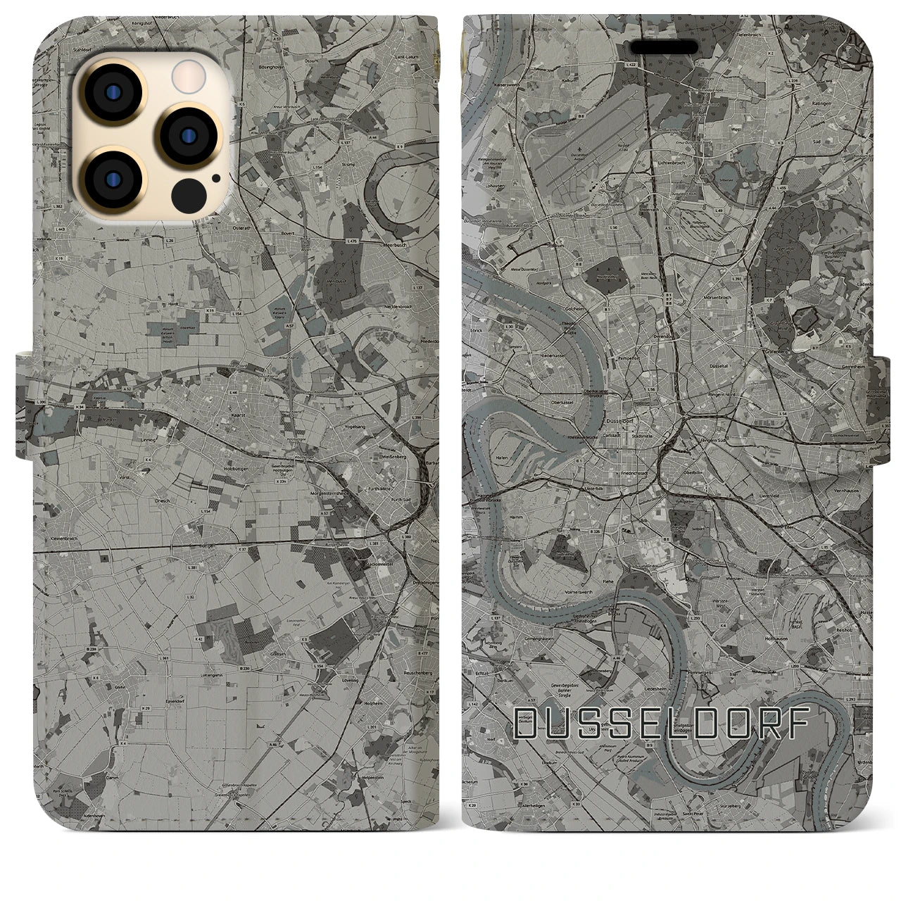 【デュッセルドルフ(ドイツ)】地図柄iPhoneケース(手帳タイプ)モノトーン・iPhone 12 Pro Max 用