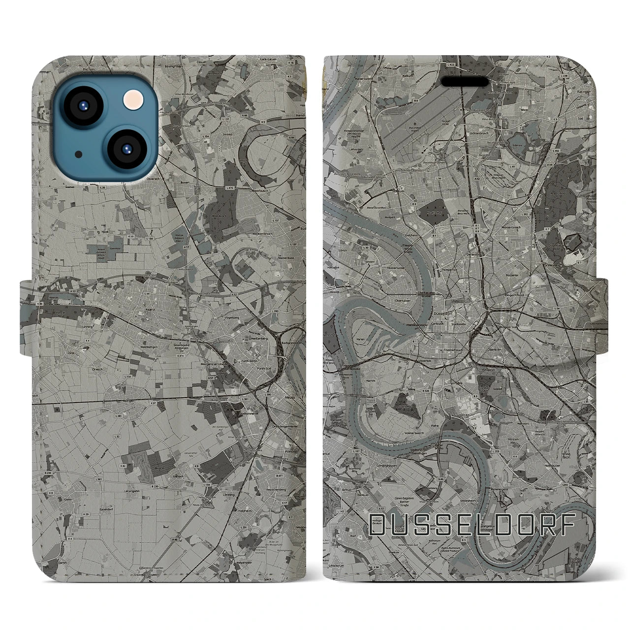 【デュッセルドルフ(ドイツ)】地図柄iPhoneケース(手帳タイプ)モノトーン・iPhone 13 用