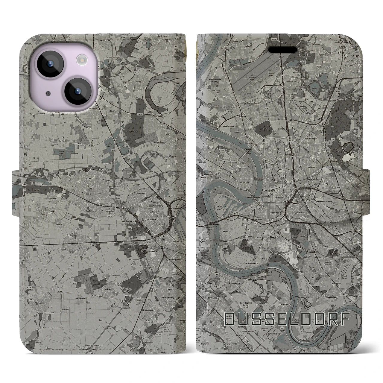 【デュッセルドルフ(ドイツ)】地図柄iPhoneケース(手帳タイプ)モノトーン・iPhone 14 用