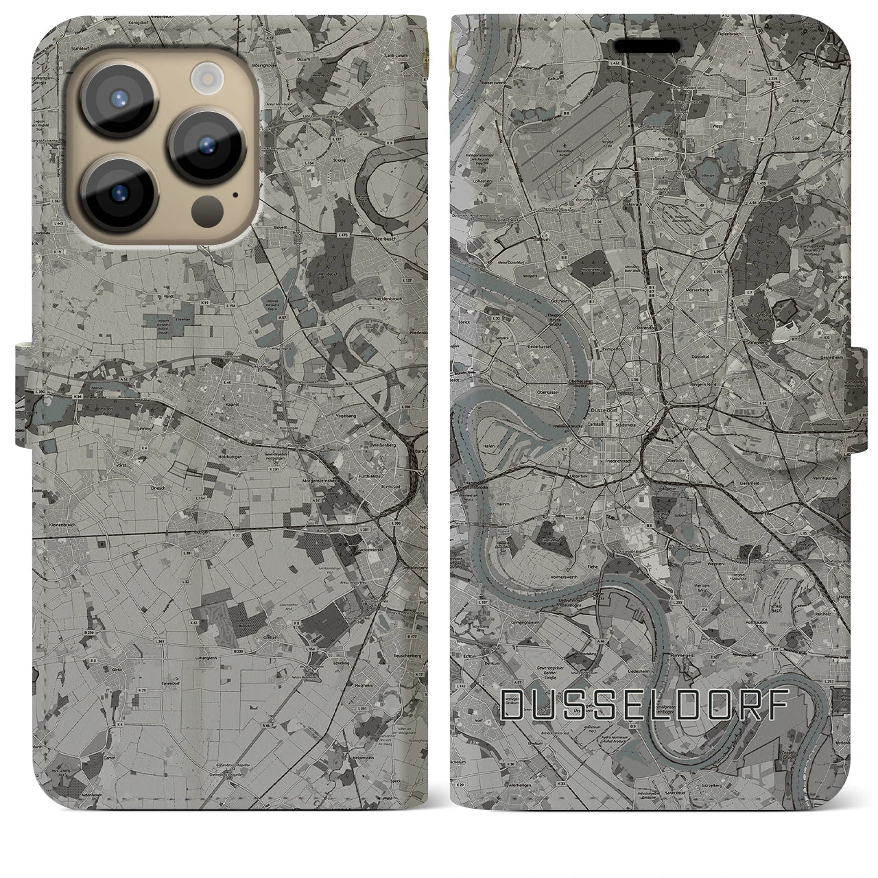 【デュッセルドルフ(ドイツ)】地図柄iPhoneケース(手帳タイプ)モノトーン・iPhone 14 Pro Max 用