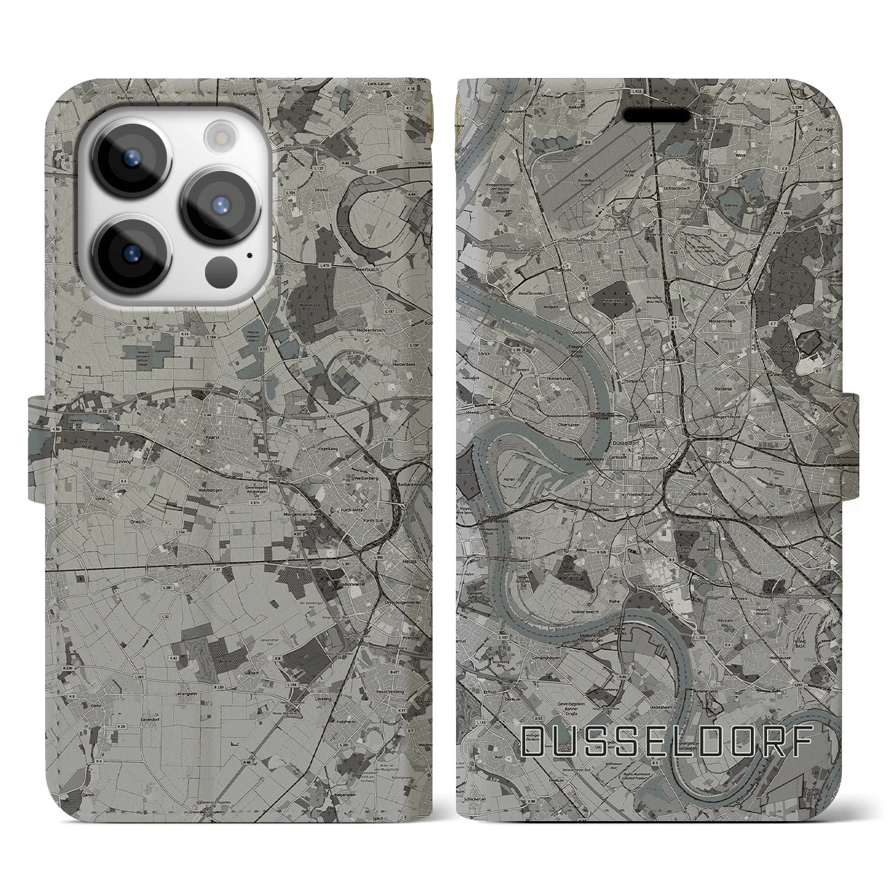 【デュッセルドルフ(ドイツ)】地図柄iPhoneケース(手帳タイプ)モノトーン・iPhone 14 Pro 用