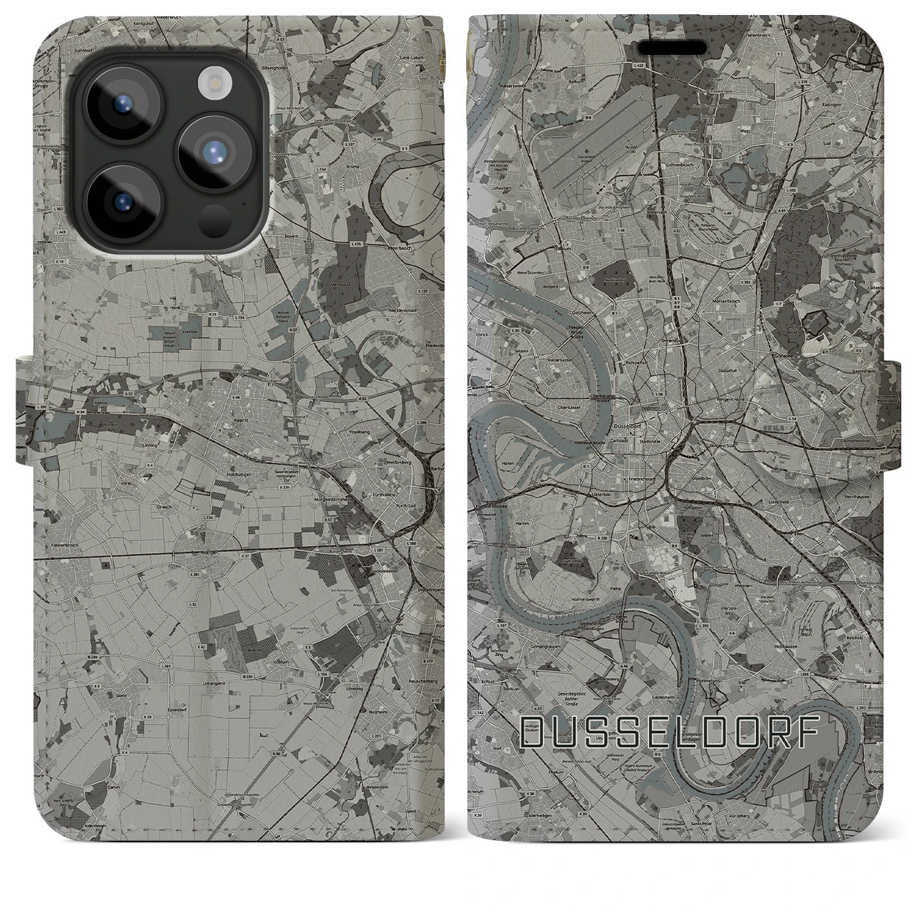 【デュッセルドルフ(ドイツ)】地図柄iPhoneケース(手帳タイプ)モノトーン・iPhone 15 Pro Max 用