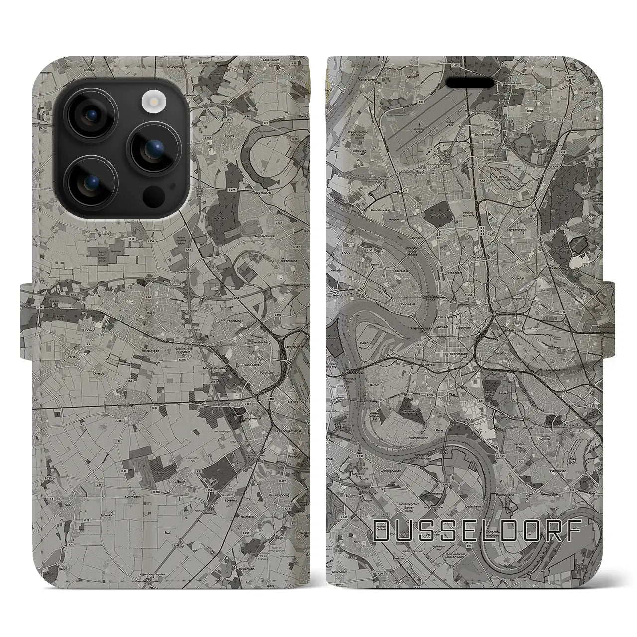 【デュッセルドルフ(ドイツ)】地図柄iPhoneケース(手帳タイプ)モノトーン・iPhone 16 用