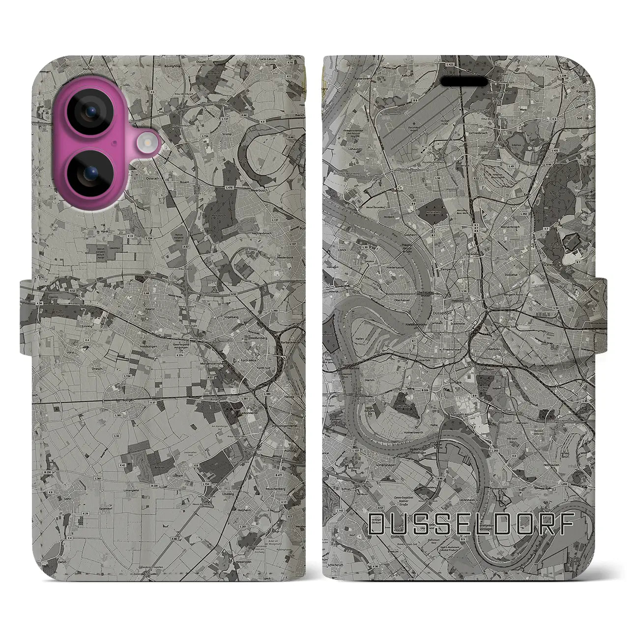【デュッセルドルフ(ドイツ)】地図柄iPhoneケース(手帳タイプ)モノトーン・iPhone 16 Pro 用