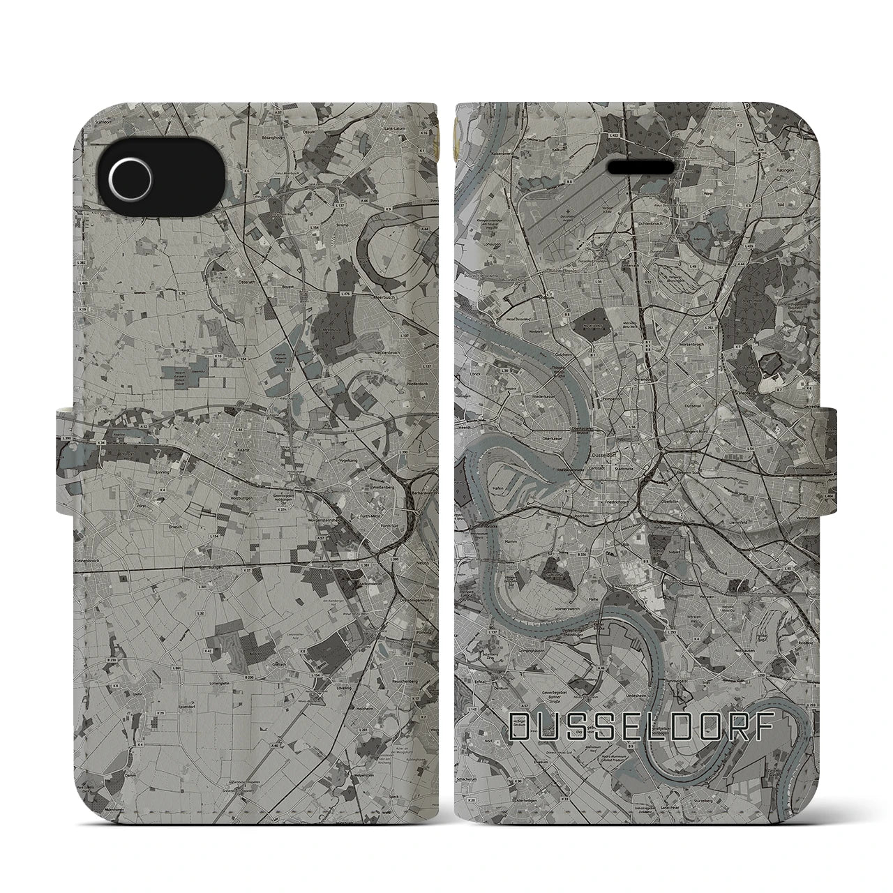 【デュッセルドルフ(ドイツ)】地図柄iPhoneケース(手帳タイプ)モノトーン・iPhone SE(第3 / 第2世代) / 8 / 7 / 6s / 6 用