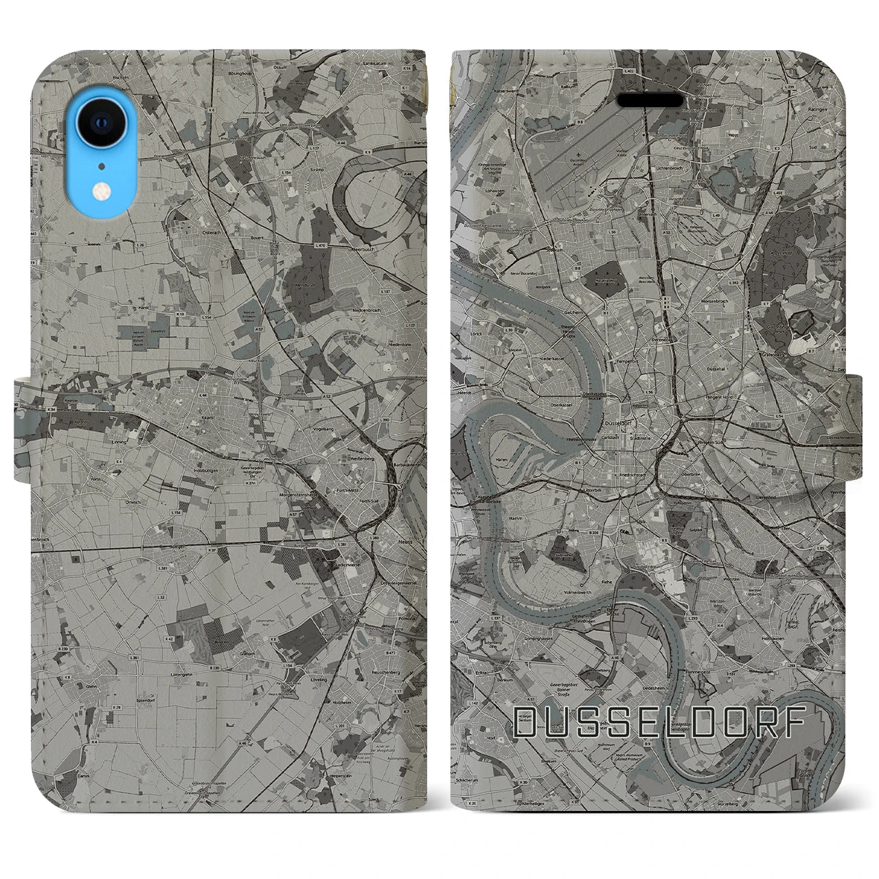 【デュッセルドルフ(ドイツ)】地図柄iPhoneケース(手帳タイプ)モノトーン・iPhone XR 用