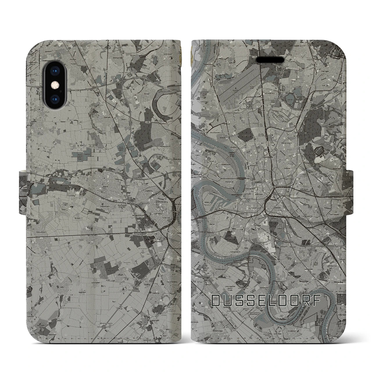 【デュッセルドルフ(ドイツ)】地図柄iPhoneケース(手帳タイプ)モノトーン・iPhone XS / X 用