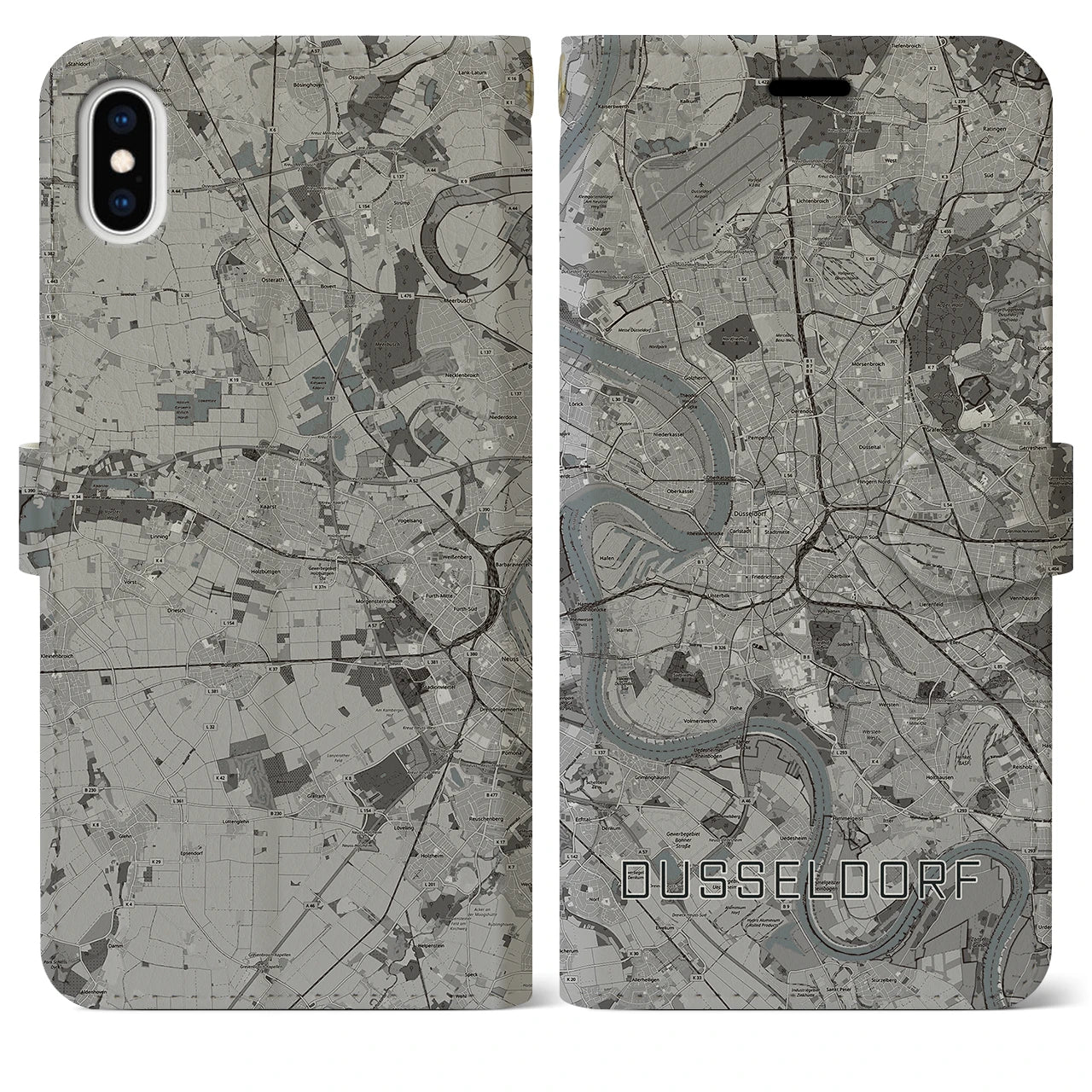 【デュッセルドルフ(ドイツ)】地図柄iPhoneケース(手帳タイプ)モノトーン・iPhone XS Max 用
