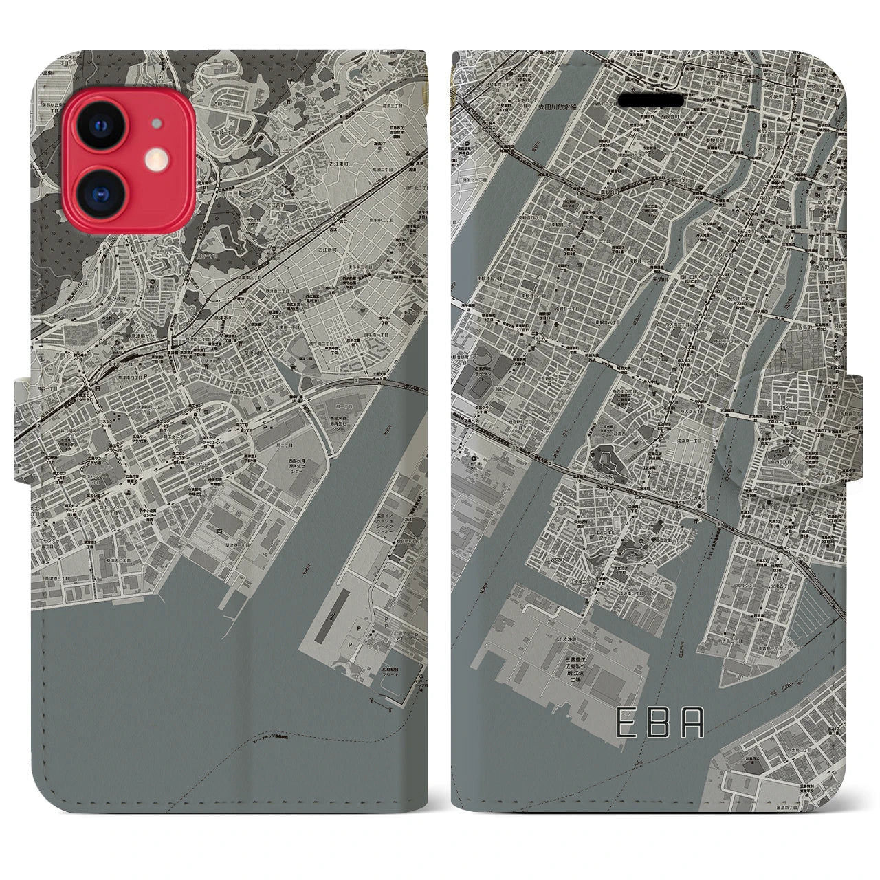 【江波(広島県)】地図柄iPhoneケース(手帳タイプ)モノトーン・iPhone 11 用