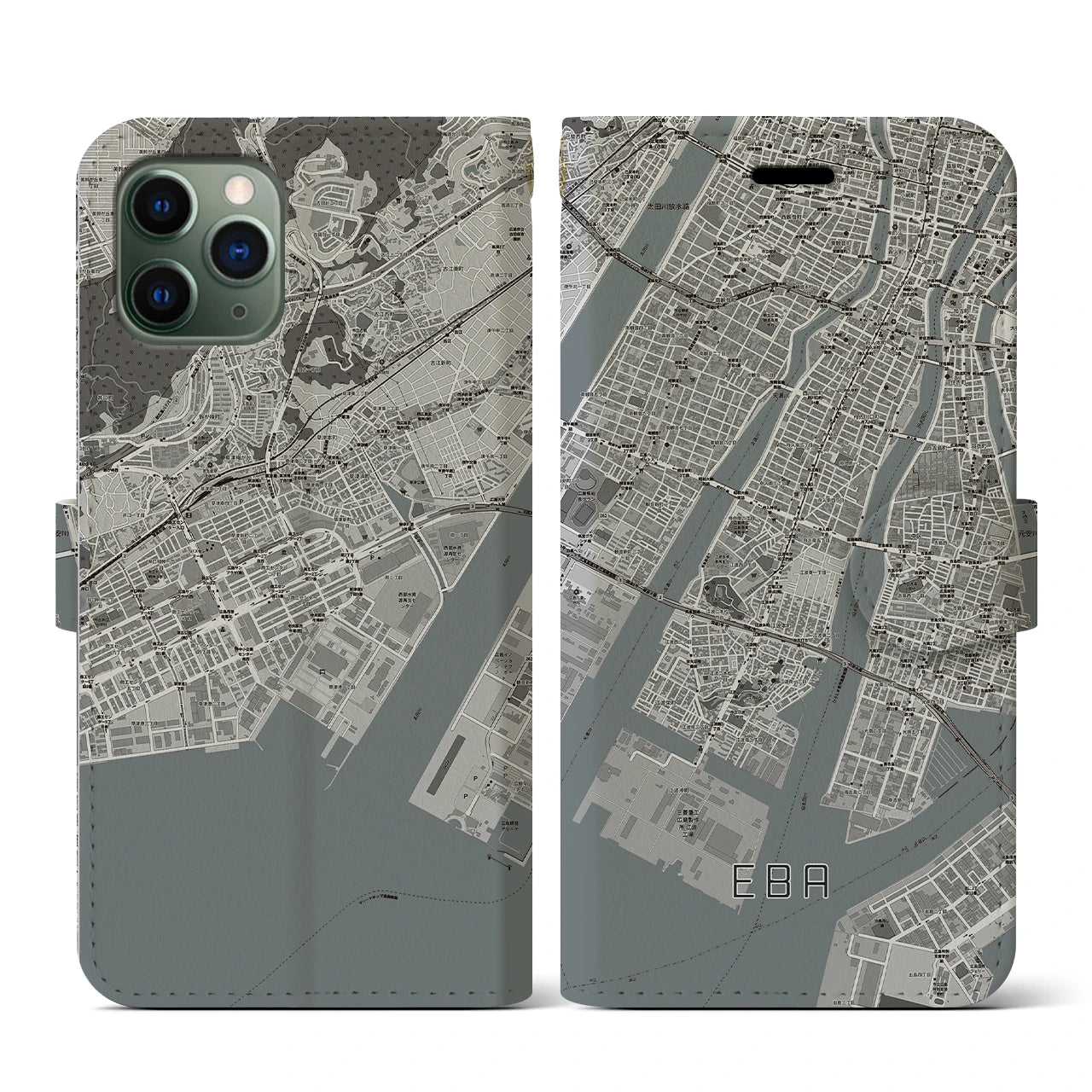 【江波(広島県)】地図柄iPhoneケース(手帳タイプ)モノトーン・iPhone 11 Pro 用