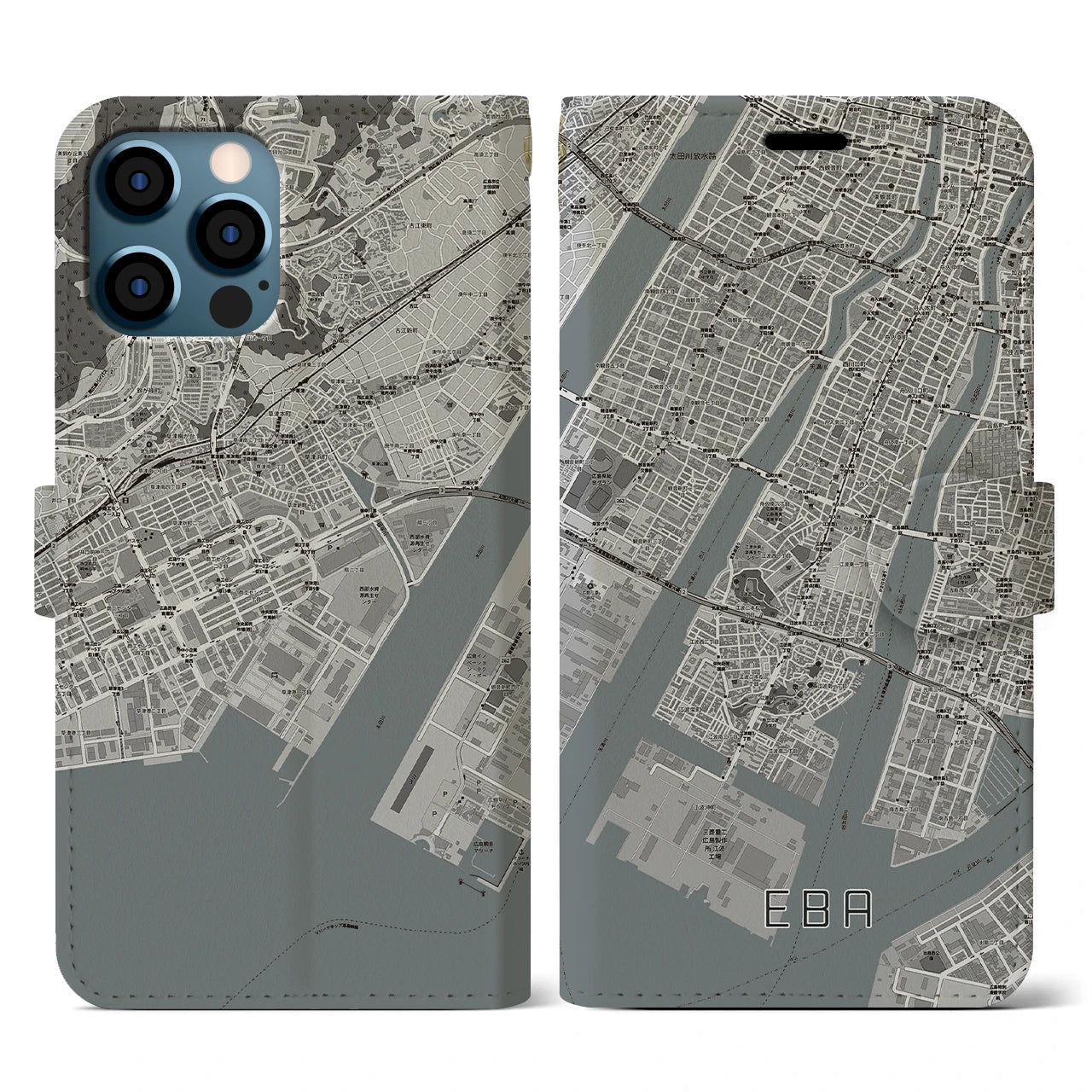 【江波(広島県)】地図柄iPhoneケース(手帳タイプ)モノトーン・iPhone 12 / 12 Pro 用