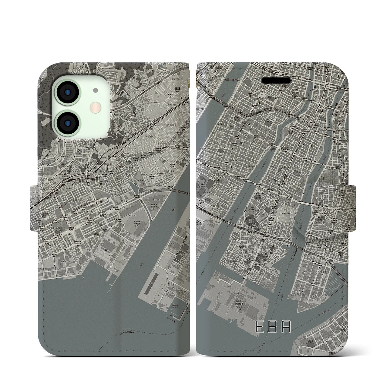 【江波(広島県)】地図柄iPhoneケース(手帳タイプ)モノトーン・iPhone 12 mini 用