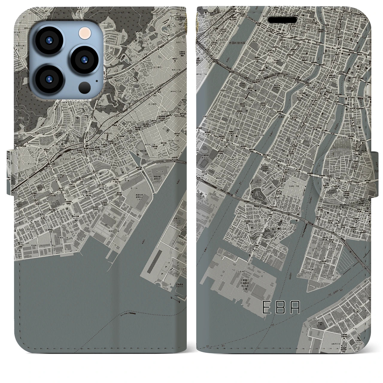【江波(広島県)】地図柄iPhoneケース(手帳タイプ)モノトーン・iPhone 13 Pro Max 用