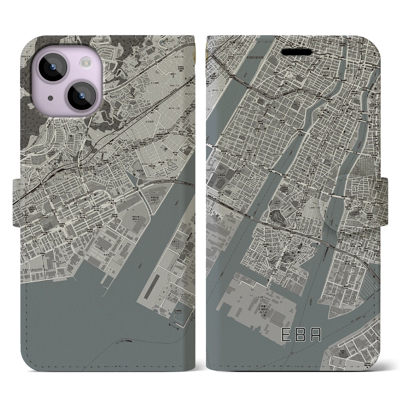 【江波(広島県)】地図柄iPhoneケース(手帳タイプ)モノトーン・iPhone 14 用