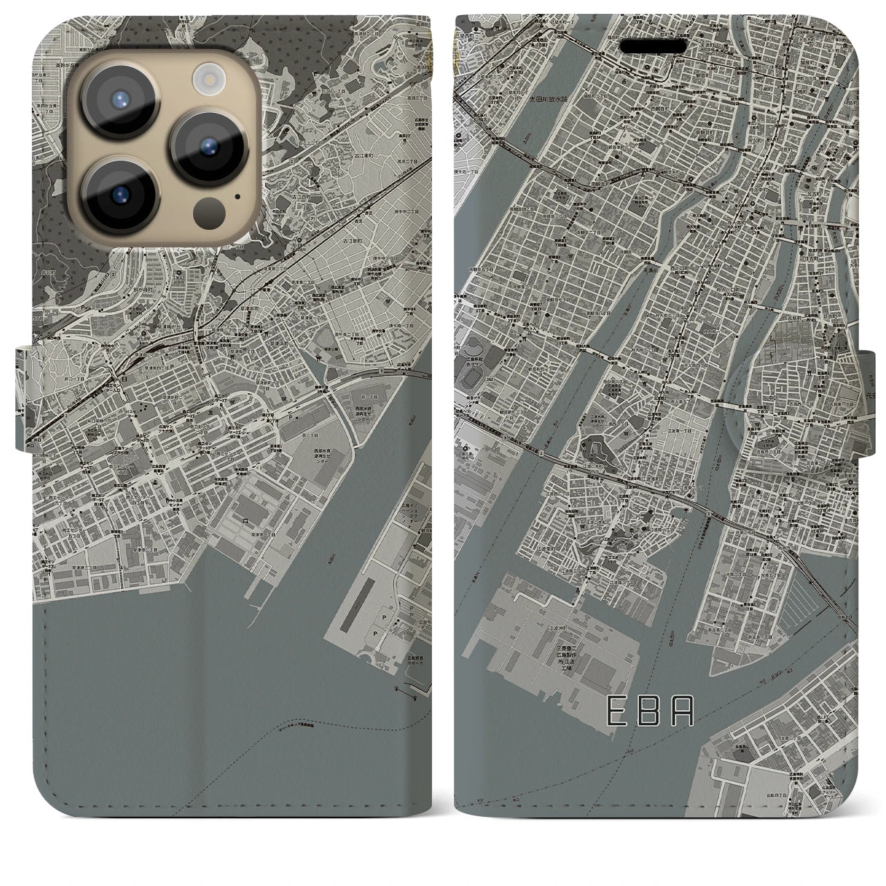 【江波(広島県)】地図柄iPhoneケース(手帳タイプ)モノトーン・iPhone 14 Pro Max 用