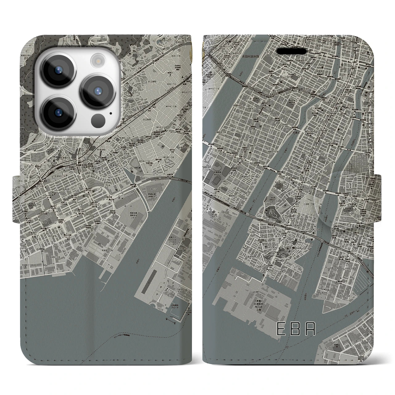 【江波(広島県)】地図柄iPhoneケース(手帳タイプ)モノトーン・iPhone 14 Pro 用