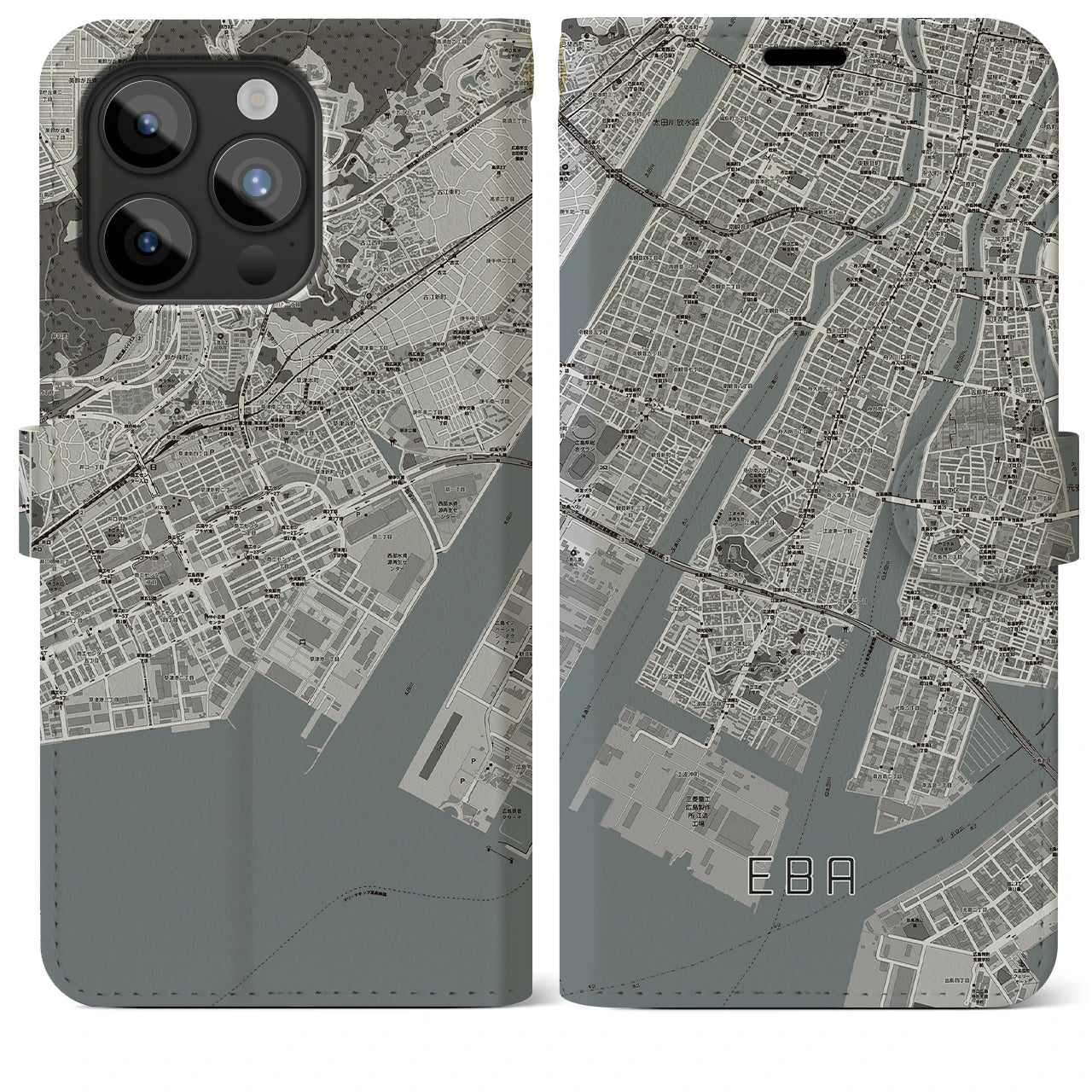 【江波(広島県)】地図柄iPhoneケース(手帳タイプ)モノトーン・iPhone 15 Pro Max 用