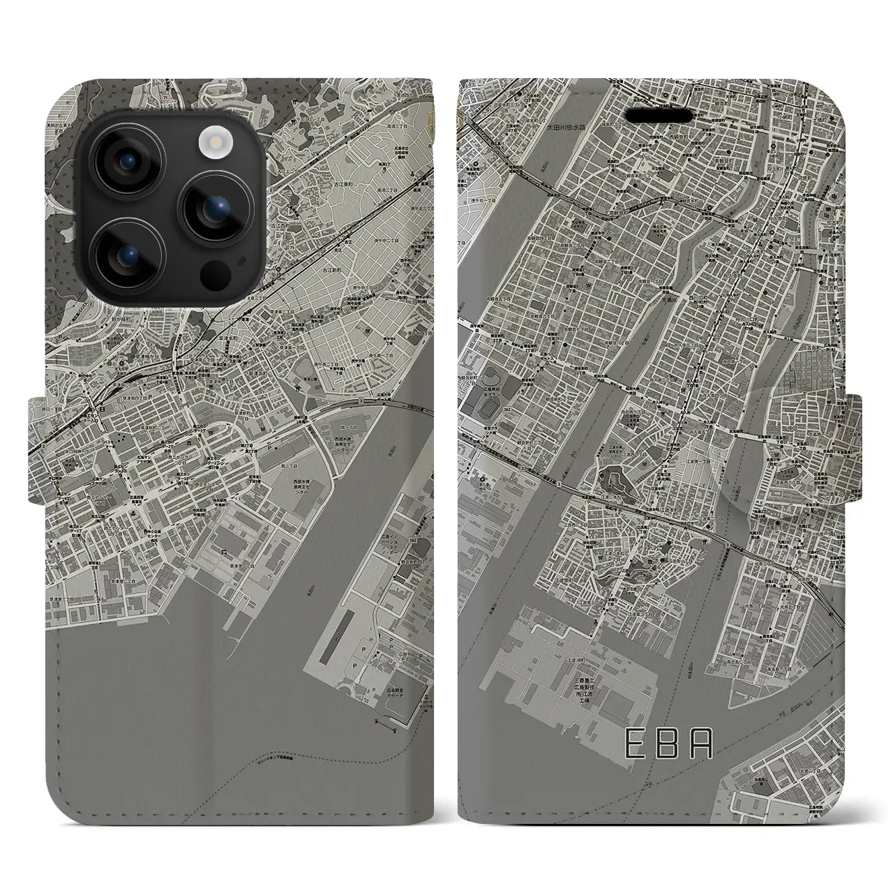 【江波(広島県)】地図柄iPhoneケース(手帳タイプ)モノトーン・iPhone 16 用