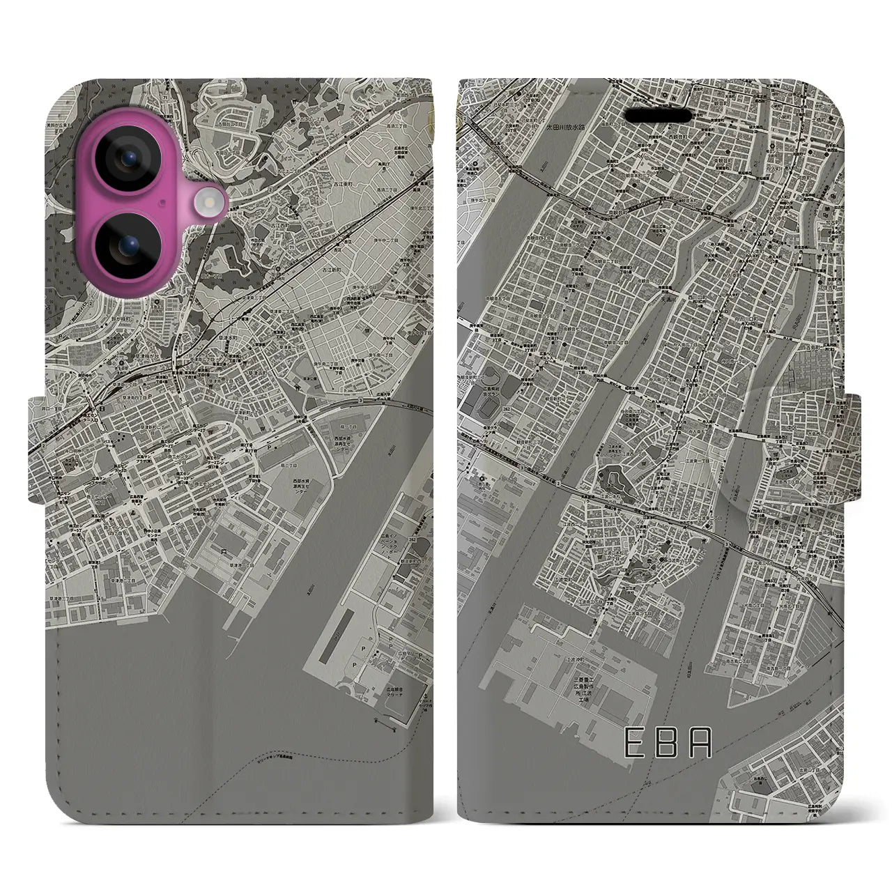 【江波(広島県)】地図柄iPhoneケース(手帳タイプ)モノトーン・iPhone 16 Pro 用