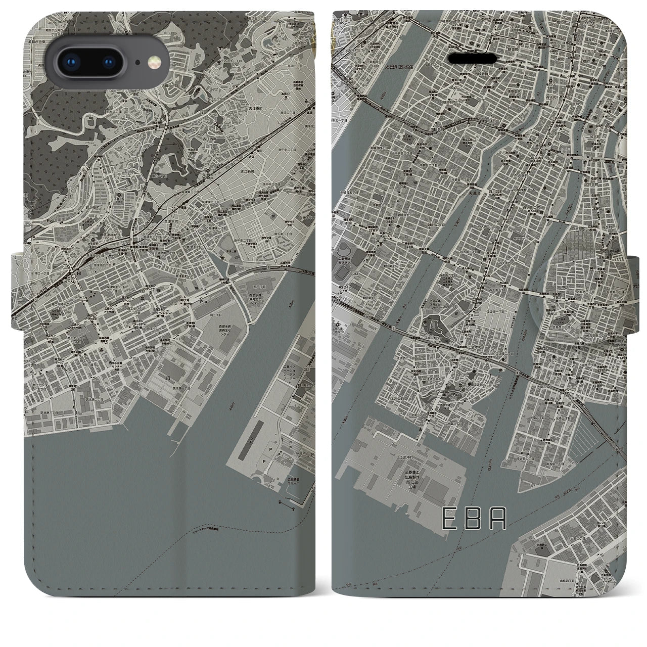 【江波(広島県)】地図柄iPhoneケース(手帳タイプ)モノトーン・iPhone 8Plus /7Plus / 6sPlus / 6Plus 用