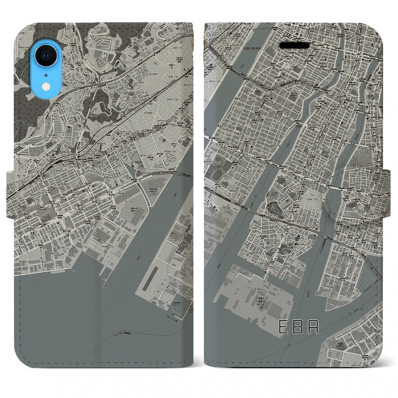 【江波(広島県)】地図柄iPhoneケース(手帳タイプ)モノトーン・iPhone XR 用