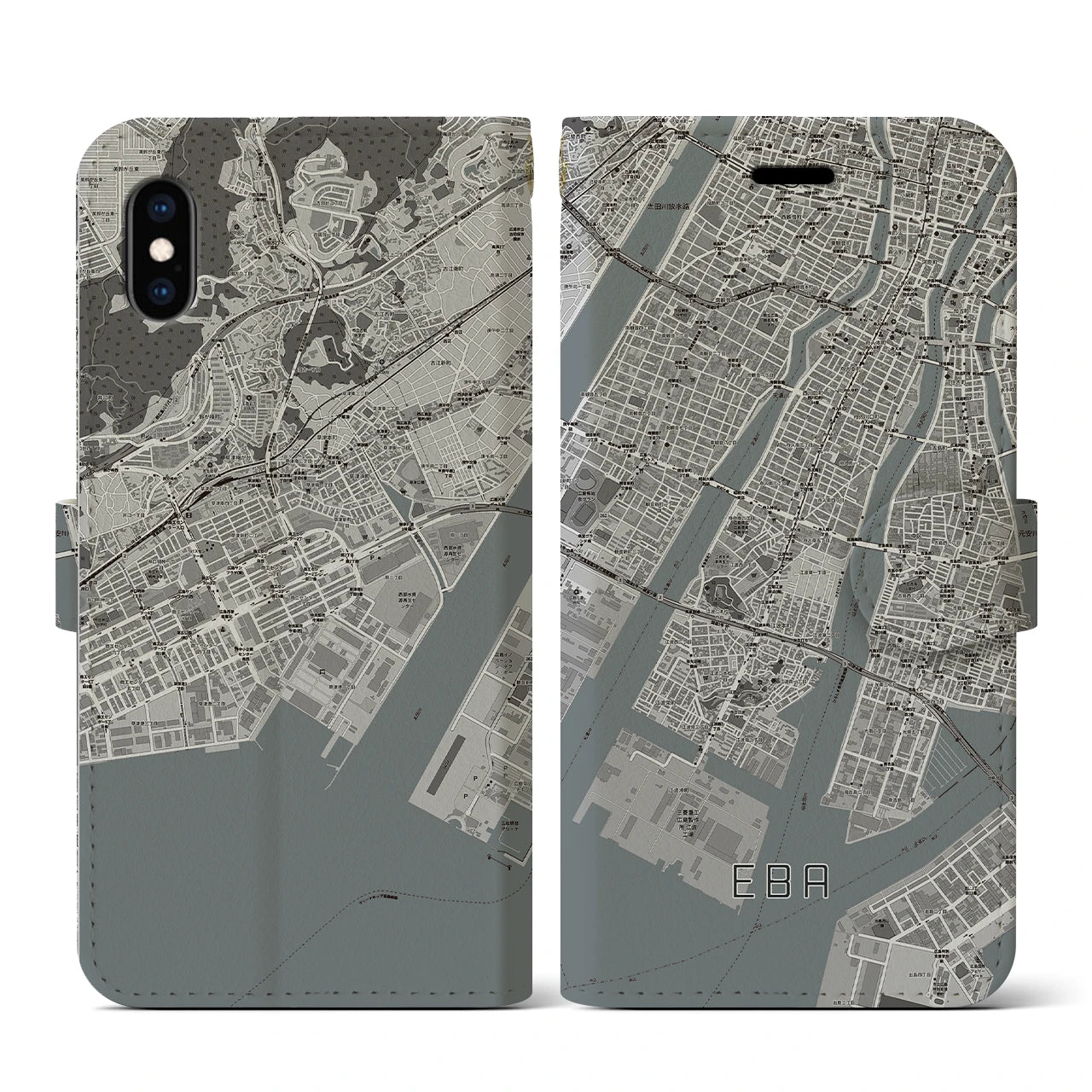 【江波(広島県)】地図柄iPhoneケース(手帳タイプ)モノトーン・iPhone XS / X 用