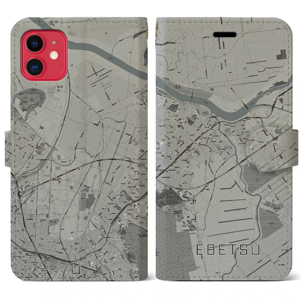 【江別(北海道)】地図柄iPhoneケース(手帳タイプ)モノトーン・iPhone 11 用