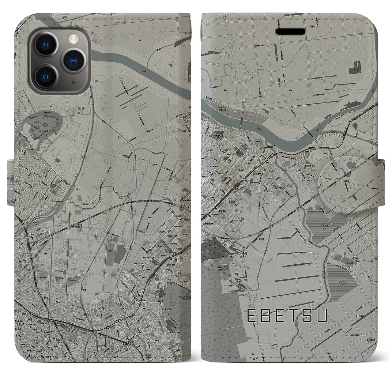 【江別(北海道)】地図柄iPhoneケース(手帳タイプ)モノトーン・iPhone 11 Pro Max 用