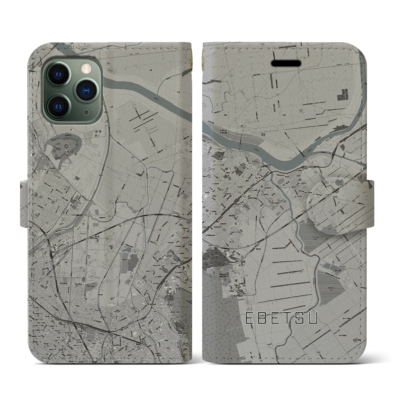【江別(北海道)】地図柄iPhoneケース(手帳タイプ)モノトーン・iPhone 11 Pro 用