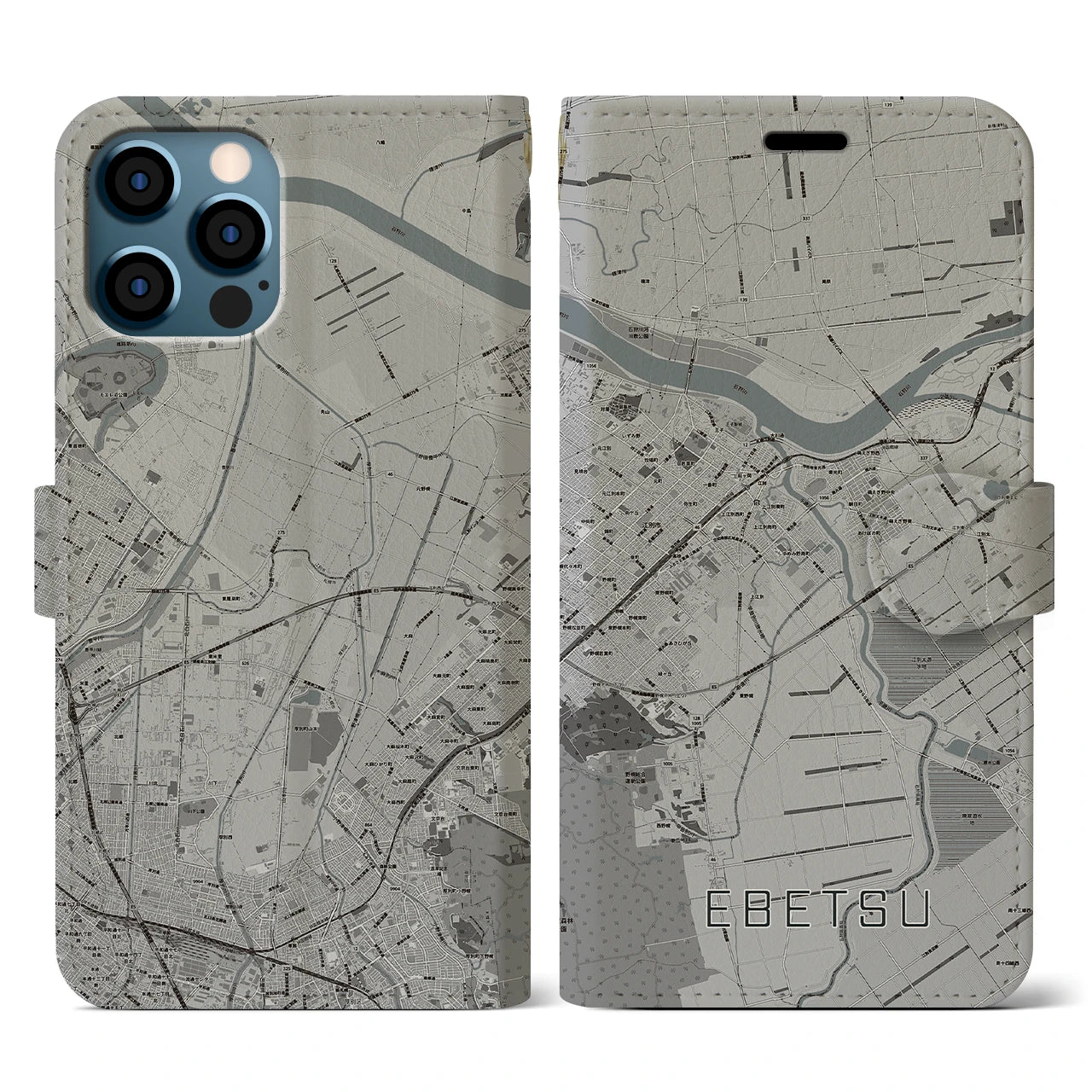 【江別(北海道)】地図柄iPhoneケース(手帳タイプ)モノトーン・iPhone 12 / 12 Pro 用