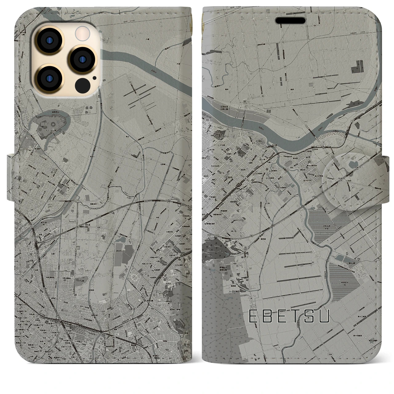 【江別(北海道)】地図柄iPhoneケース(手帳タイプ)モノトーン・iPhone 12 Pro Max 用