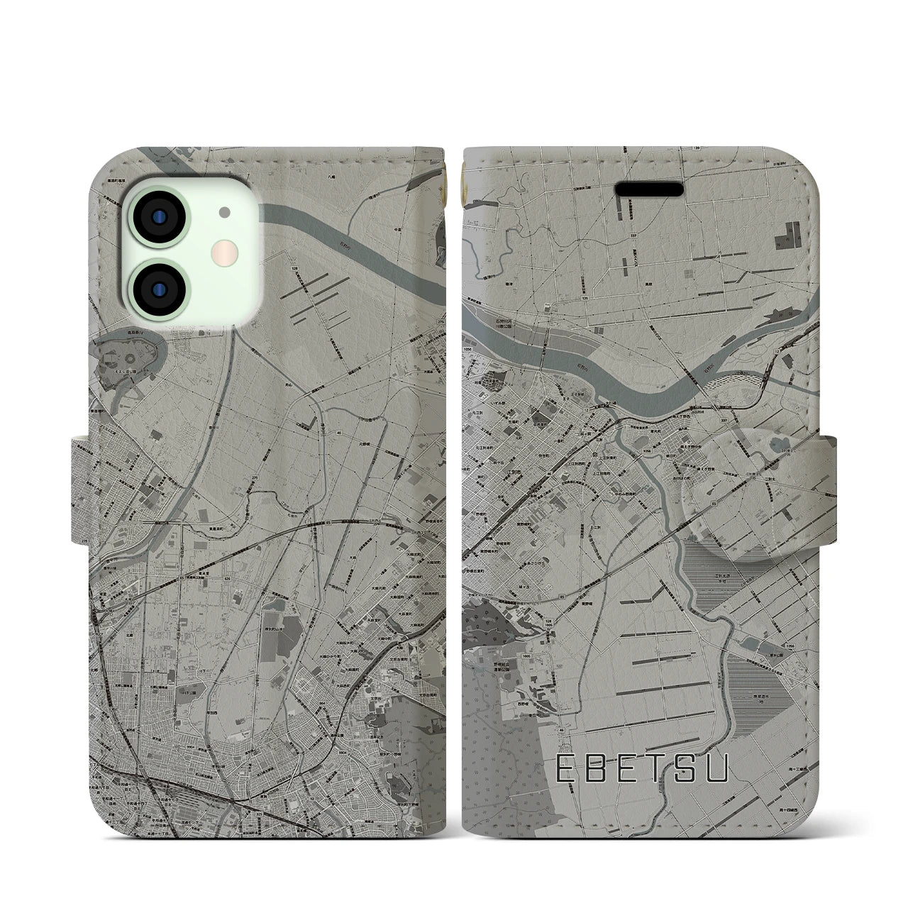 【江別(北海道)】地図柄iPhoneケース(手帳タイプ)モノトーン・iPhone 12 mini 用