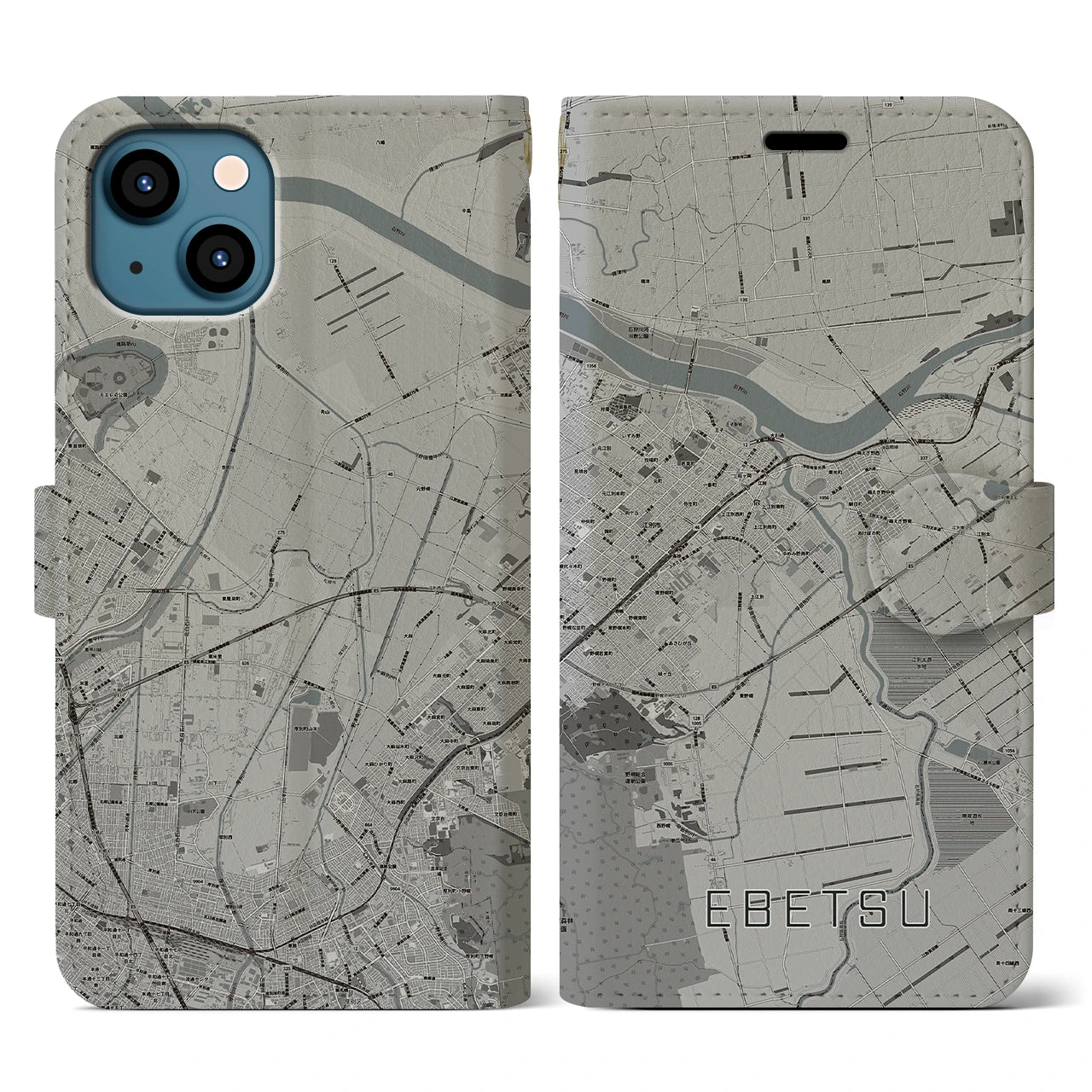 【江別(北海道)】地図柄iPhoneケース(手帳タイプ)モノトーン・iPhone 13 用