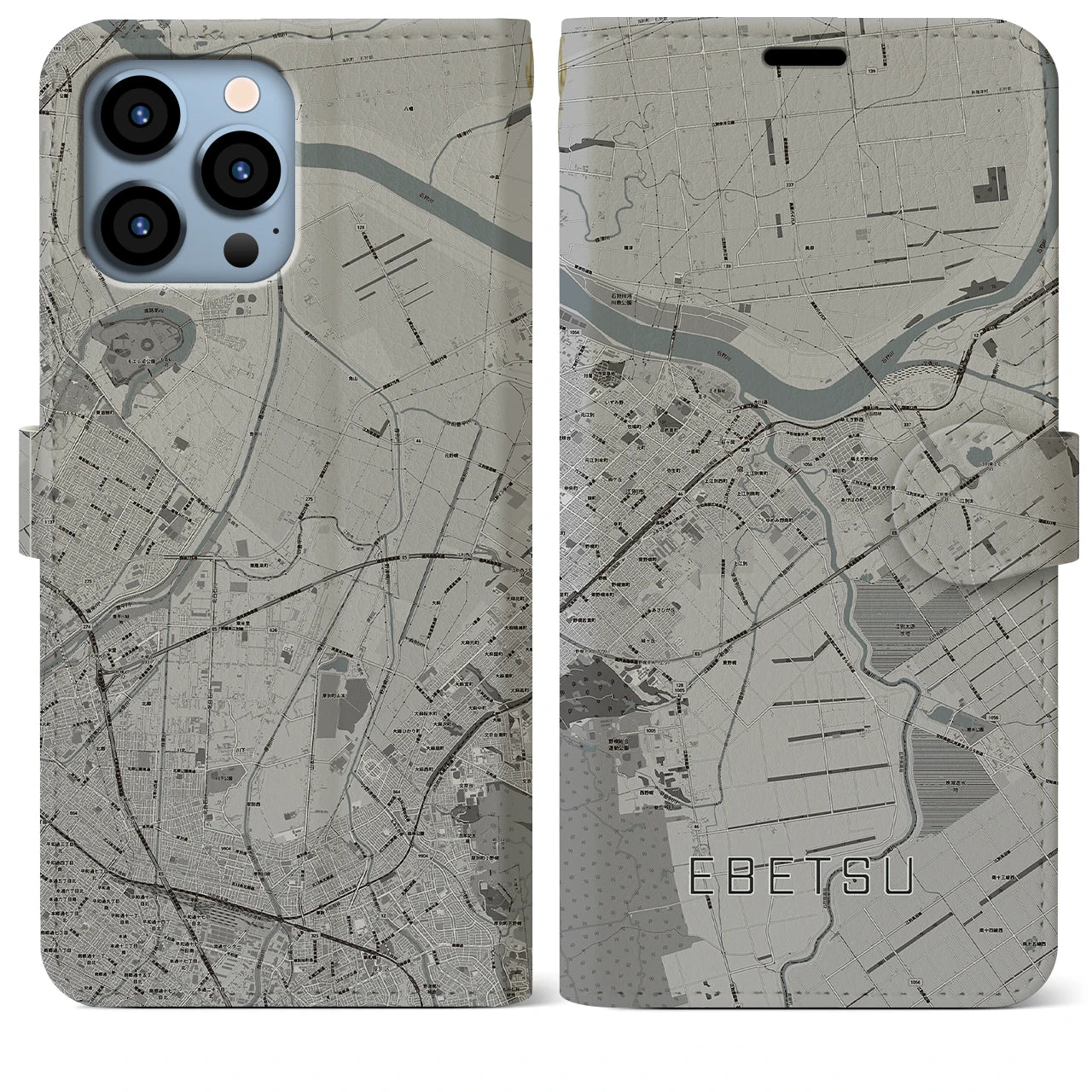 【江別(北海道)】地図柄iPhoneケース(手帳タイプ)モノトーン・iPhone 13 Pro Max 用