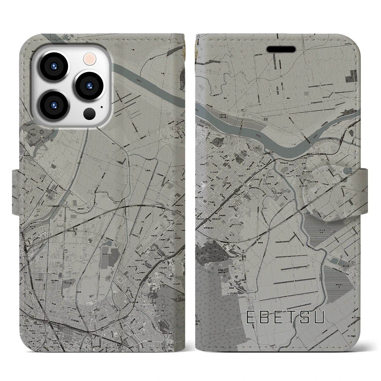 【江別(北海道)】地図柄iPhoneケース(手帳タイプ)モノトーン・iPhone 13 Pro 用