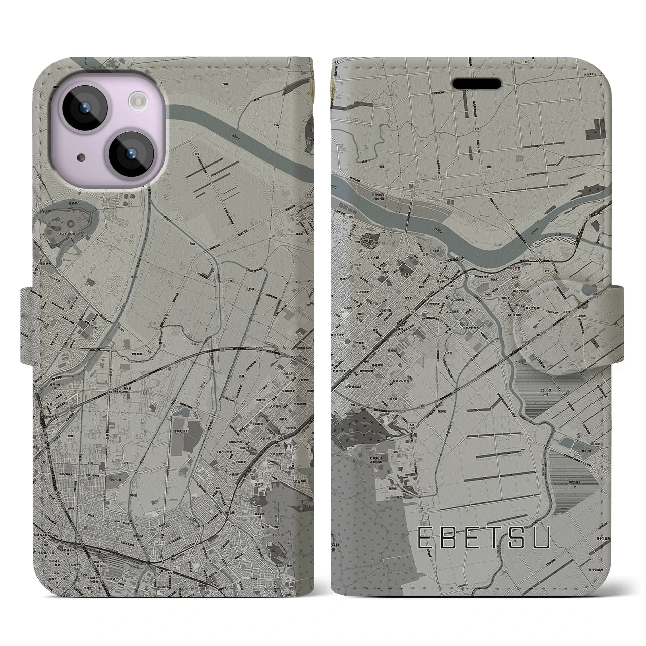 【江別(北海道)】地図柄iPhoneケース(手帳タイプ)モノトーン・iPhone 14 用