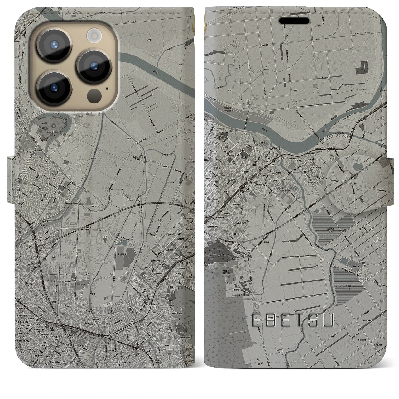 【江別(北海道)】地図柄iPhoneケース(手帳タイプ)モノトーン・iPhone 14 Pro Max 用