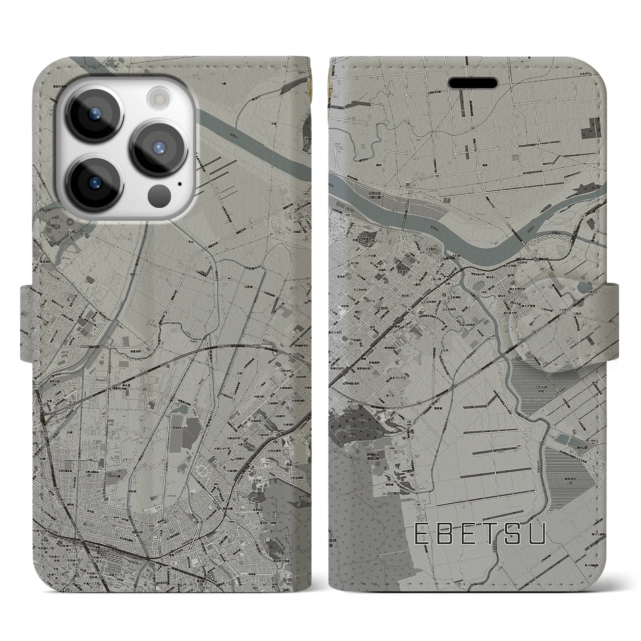 【江別(北海道)】地図柄iPhoneケース(手帳タイプ)モノトーン・iPhone 14 Pro 用