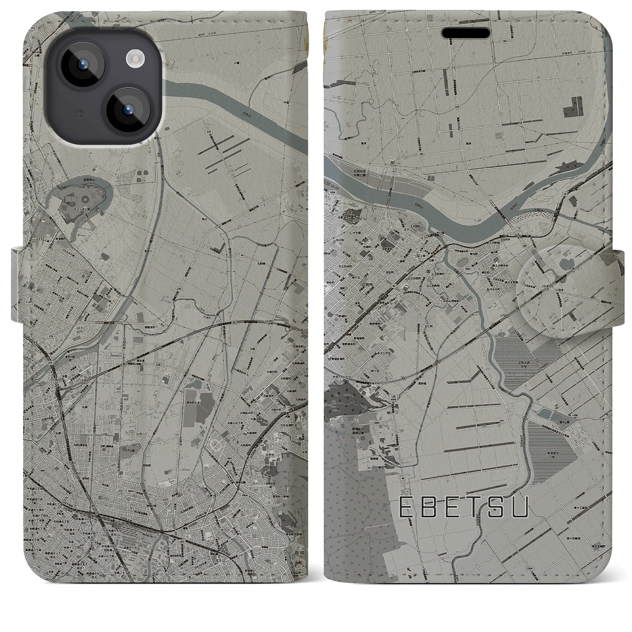 【江別(北海道)】地図柄iPhoneケース(手帳タイプ)モノトーン・iPhone 14 Plus 用
