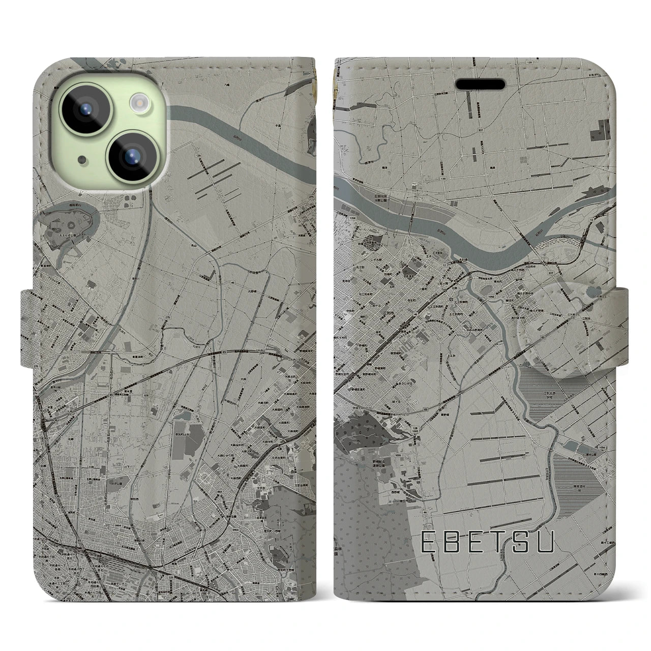 【江別(北海道)】地図柄iPhoneケース(手帳タイプ)モノトーン・iPhone 15 用