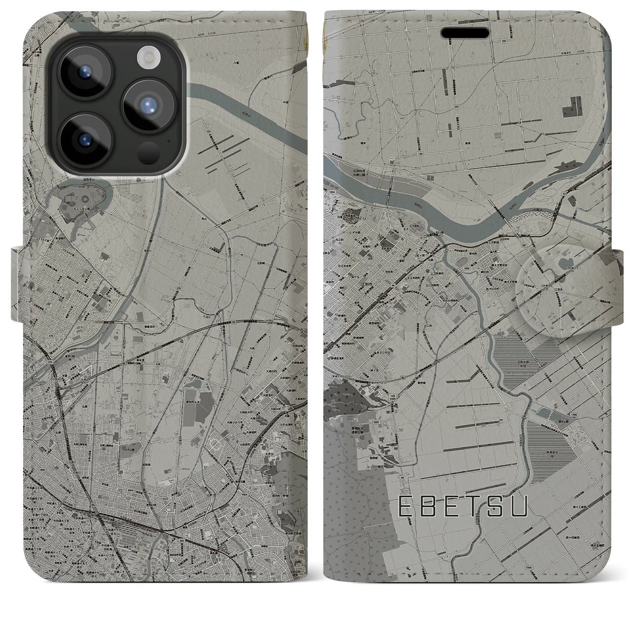 【江別(北海道)】地図柄iPhoneケース(手帳タイプ)モノトーン・iPhone 15 Pro Max 用